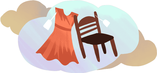 A dress and a chair with price tags inside a cloud silhouette.