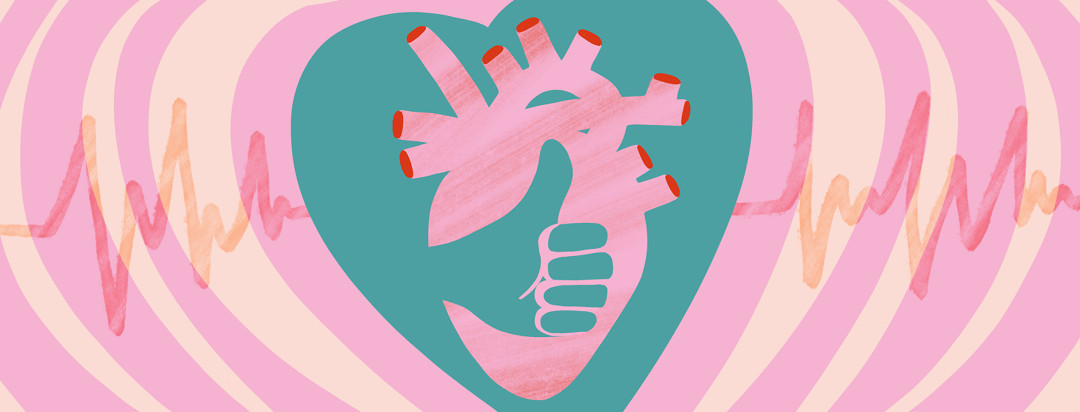 An anatomical heart with a thumbs up inside, surrounded by symbolic hearts pulsing outwards and a heartbeat monitor line traveling horizontally across the image.