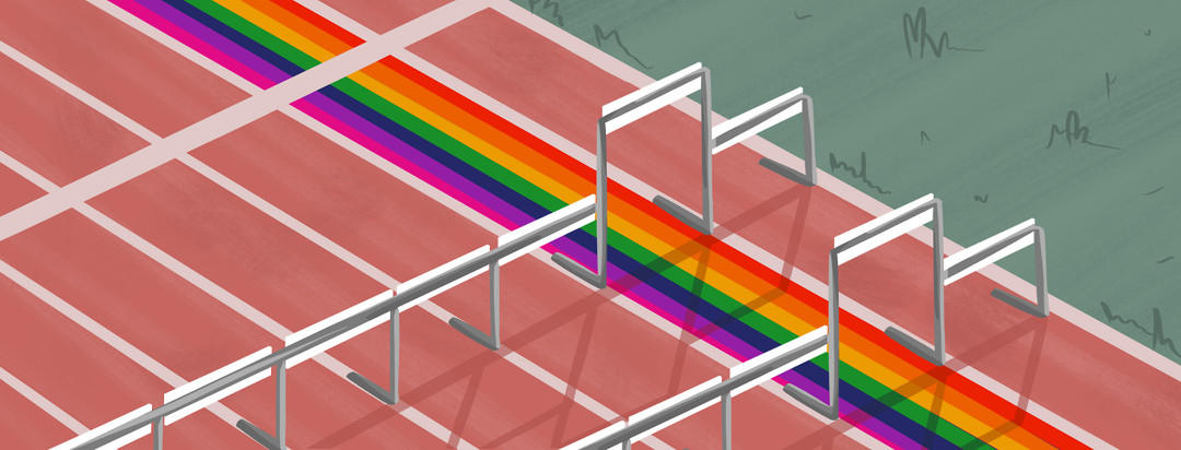 A track with hurdles - one lane has rainbow stripes painted in it with higher hurdles than the rest.