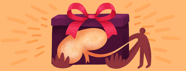 A person holds out a wrapped gift with a kidney inside.