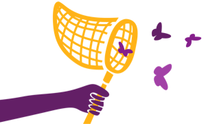 A hand holds a net catching purple butterflies