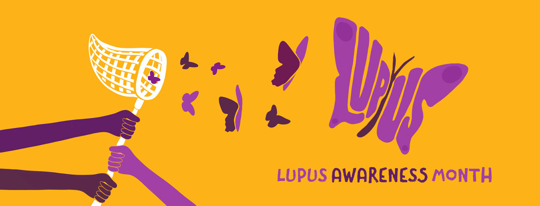 Three hands are grasping a net, catching a series of purple butterflies, the largest butterfly is composed of the letters spelling LUPUS.