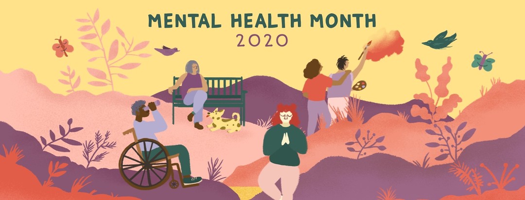 Several people do relaxing activities in a beautiful park, such as yoga, painting, and birdwatching for Mental Health Month 2020
