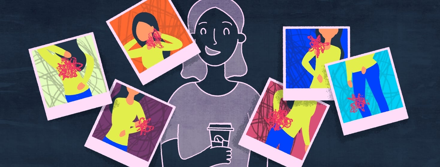 A grayscale image of a smiling woman in the background of much brighter photos of pain and other symptoms.