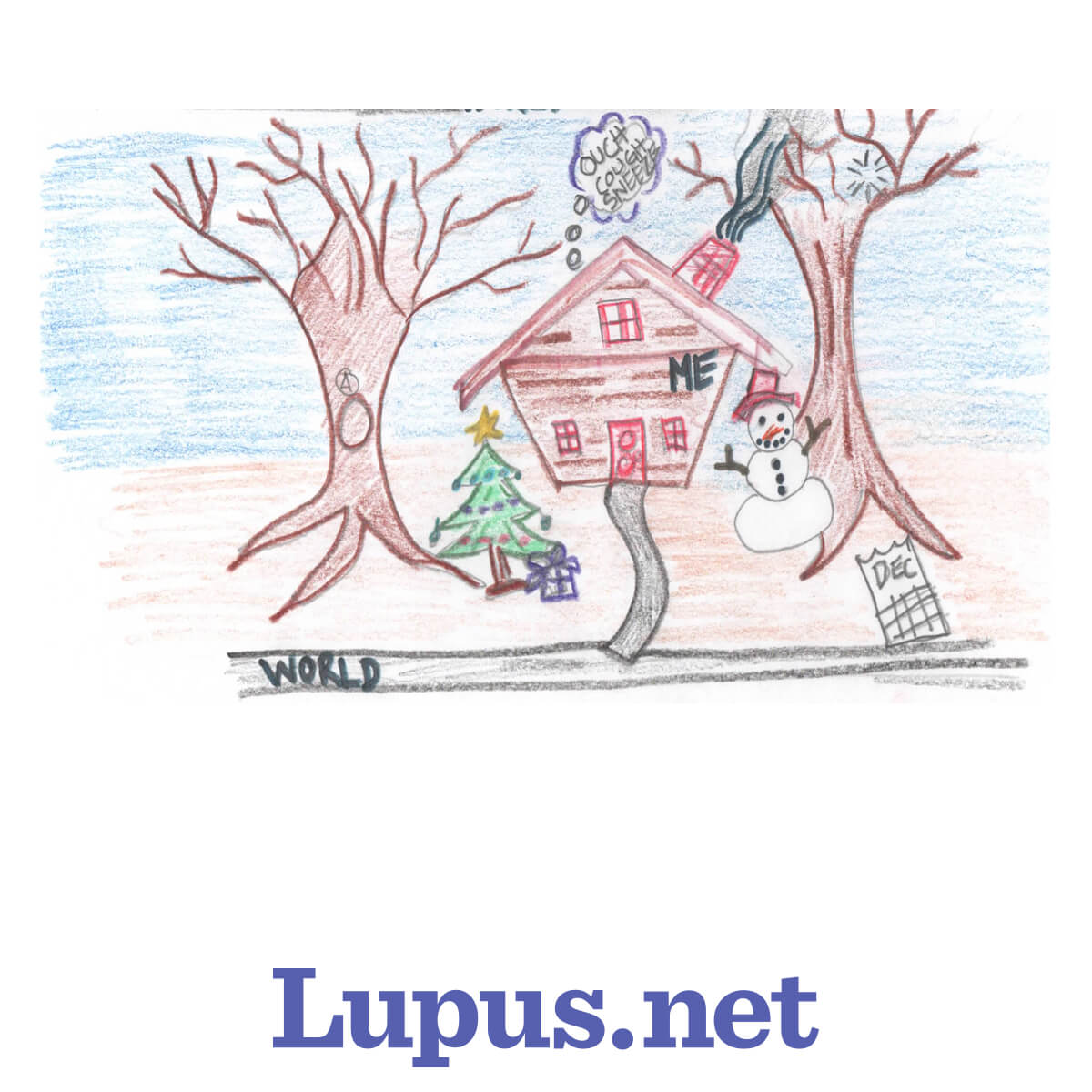 Life With Lupus Through The Seasons Comic, inside in December, coughing and sneezing in pain