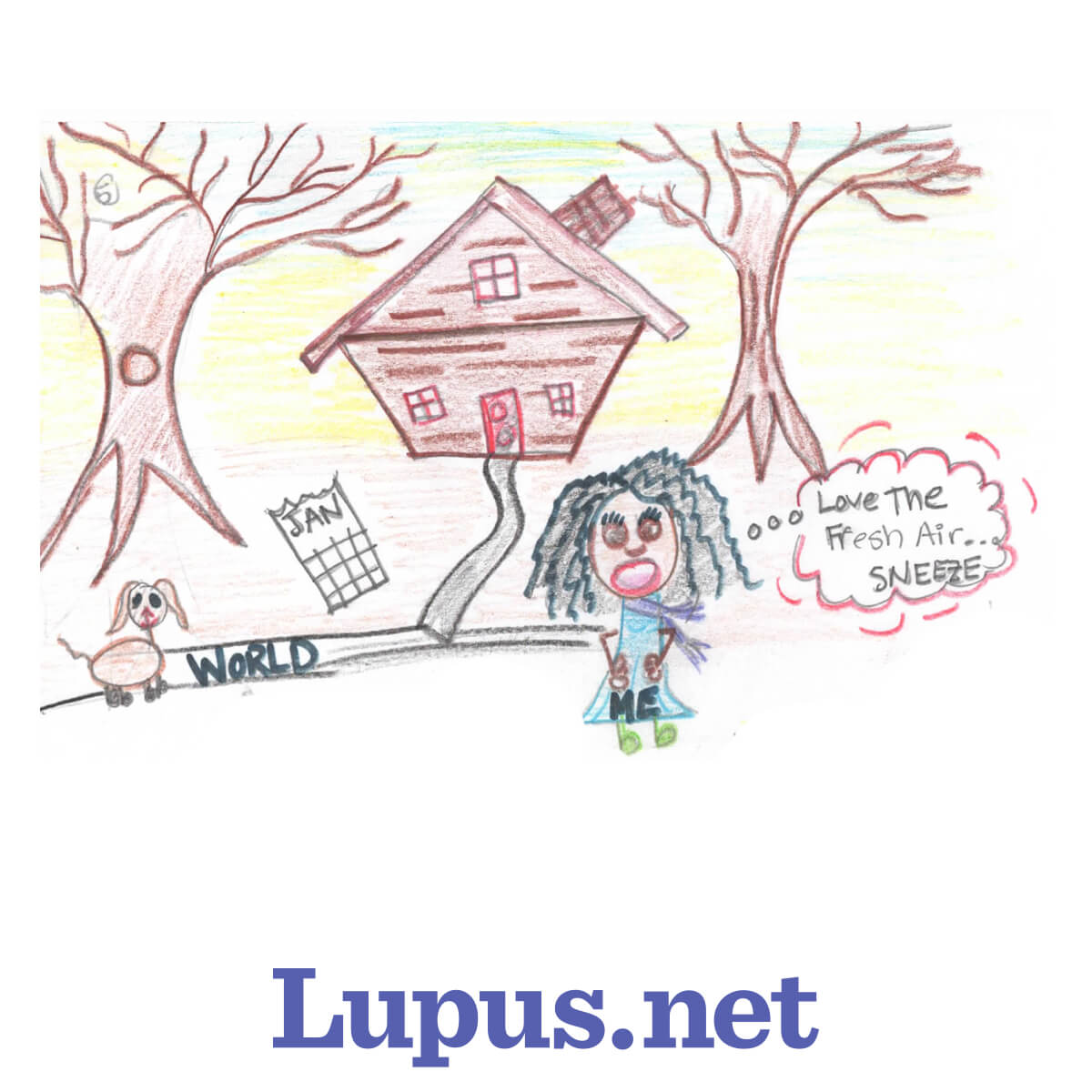 Living with lupus through the seasons comic, outside in January, sneezing