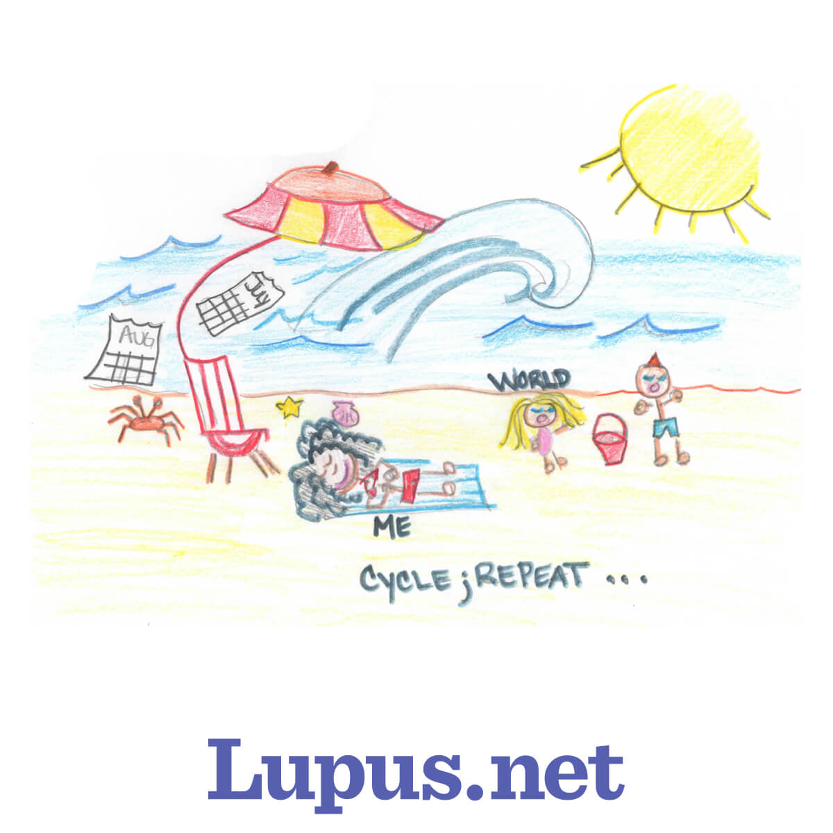 Life With Lupus Through The Seasons Comic, laying on the beach while her kids play through July and August