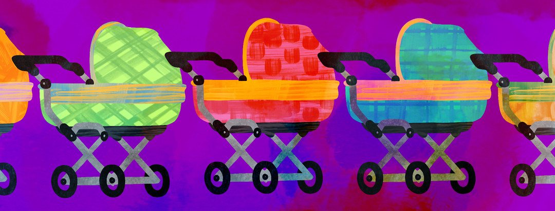 A lineup of colorful of baby carriages