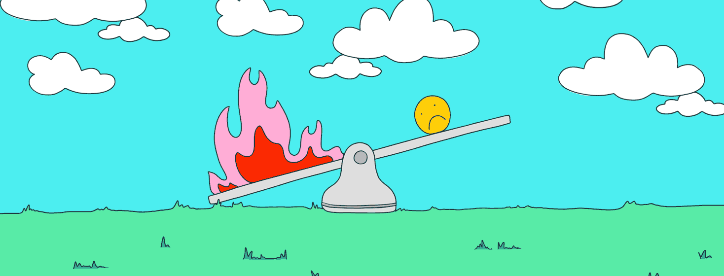 An animation of a seesaw, at one end is a heart morphing into flames, on the other is a sad face turning into a happy one.