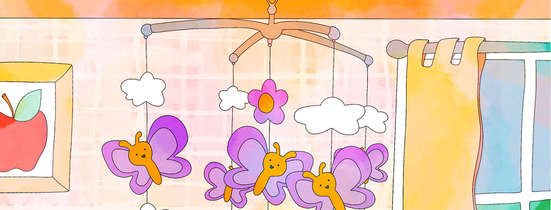 A nursery with a hanging mobile showing purple lupus butterflies smiling.