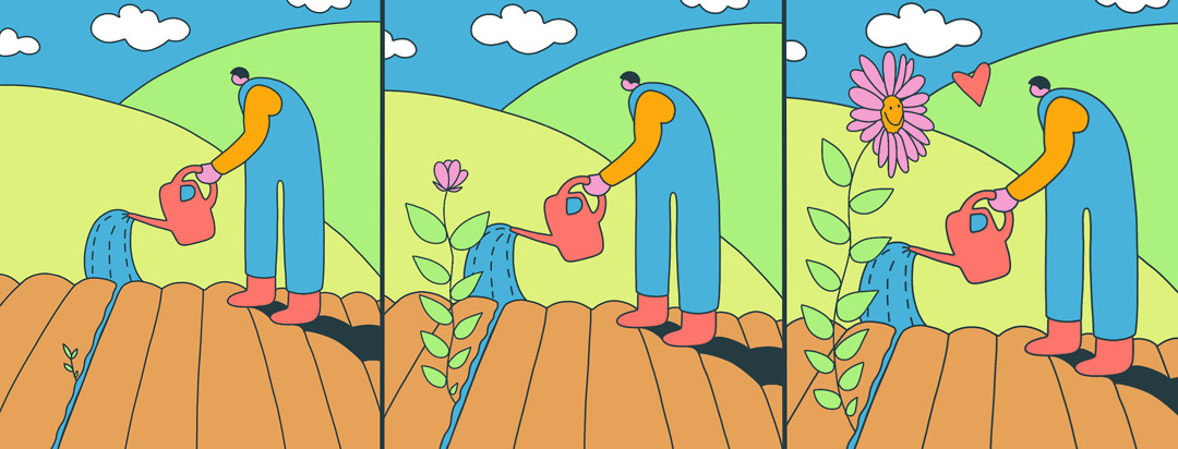 Three panels showing the growth of a flower as a farmer waters it, the final panel showing the flower happy and a heart between the two of them.