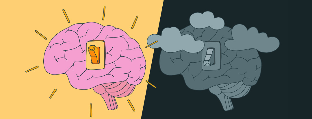 Two brains are shown with light switches on them. One is turned on and vibrant, the other is turned off, dark, and cloudy.