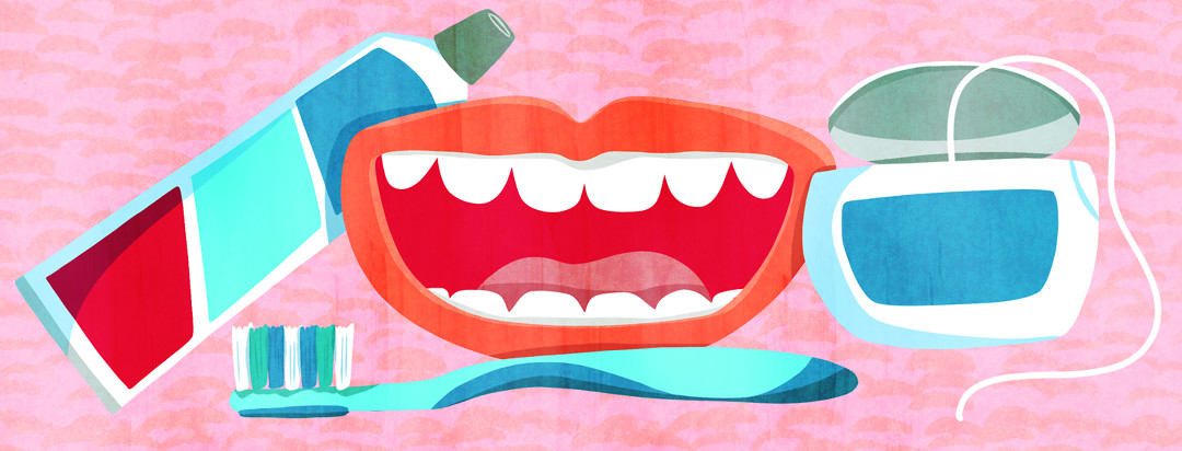 A smiling mouth in the center of an assortment of toothpaste, a toothbrush, and dental floss.
