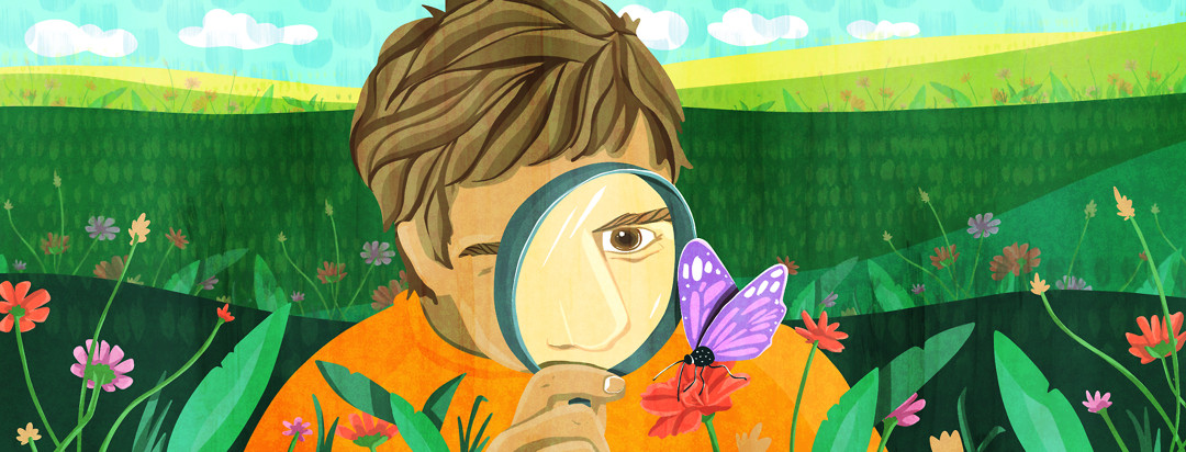 A person with lupus holds a magnifying glass to inspect a purple butterfly in a field of wildflowers.
