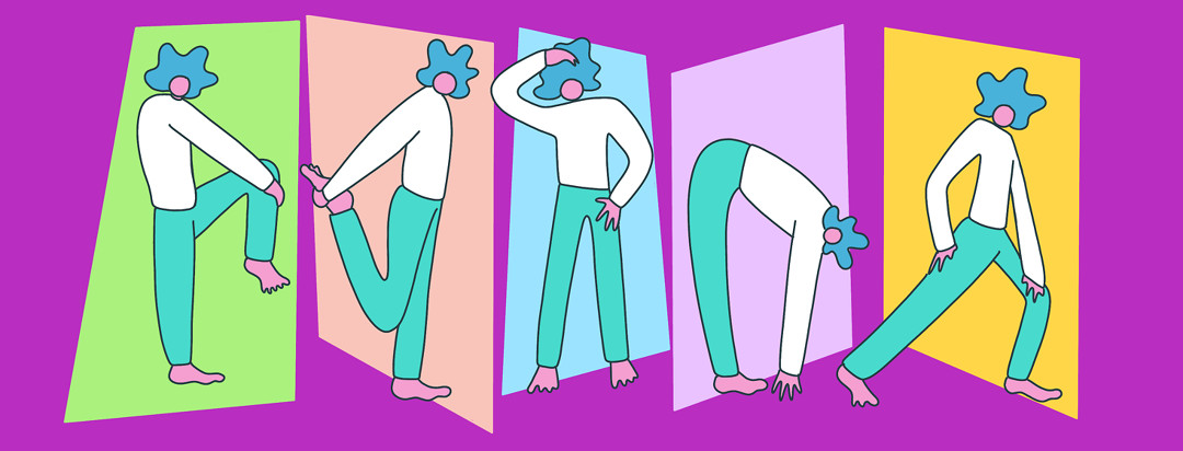 A woman with lupus in various stretching poses.