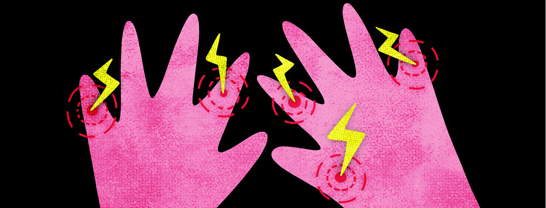 Hands are shown with little lightning bolts hitting specific joints in the fingers.