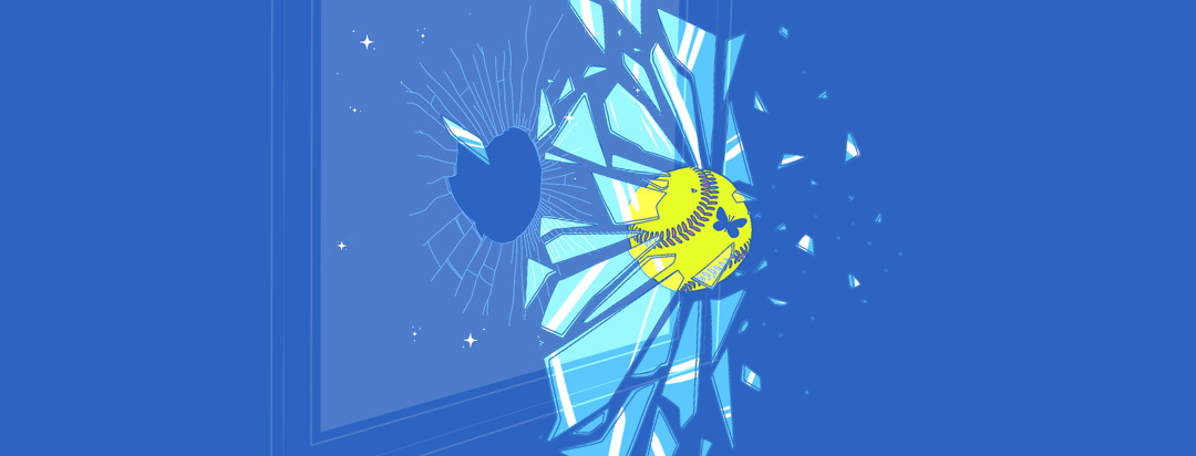 A softball with a lupus butterfly printed on it is crashing through a window pane.