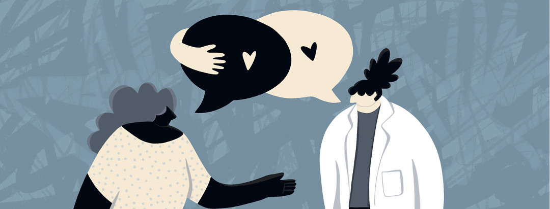 A doctor talks to a lupus patient, and the doctor's speech bubble reaches an arm out to lovingly hold the patient's speech bubble.