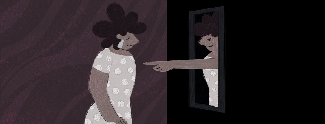 A woman with lupus looks in the mirror at a reflection of herself pointing an accusatory finger back at her.