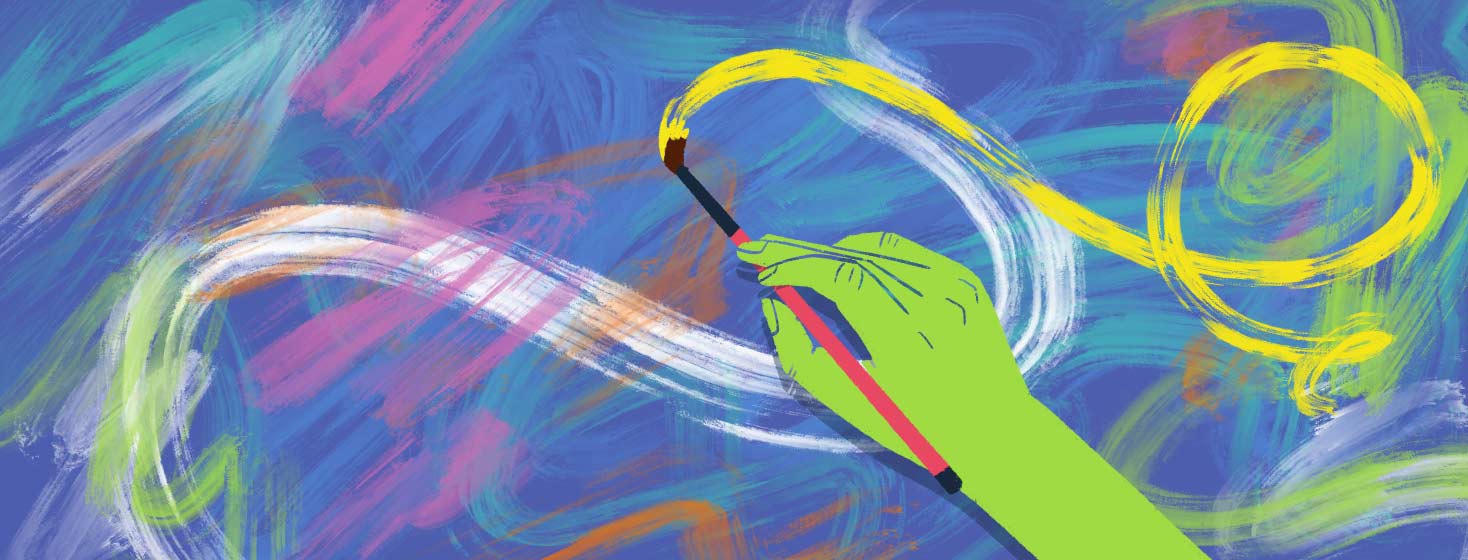 A hand paints a colorful painting with a brush