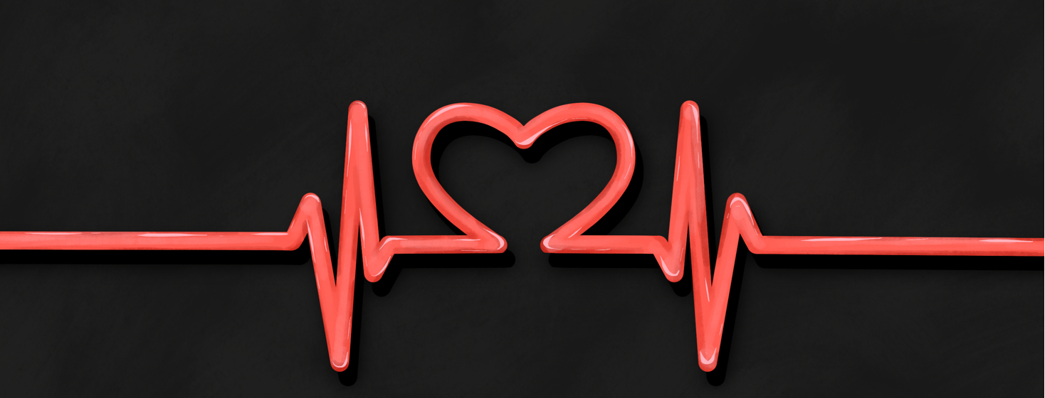 A heart monitor line forms the shape of a heart in the middle.