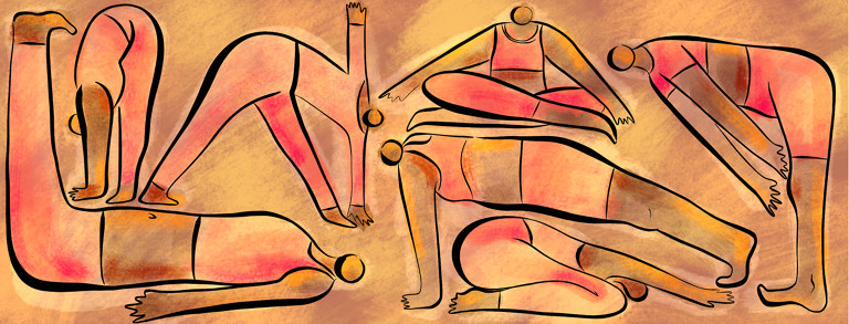 A person with lupus is shown in multiple frames performing various stretches.