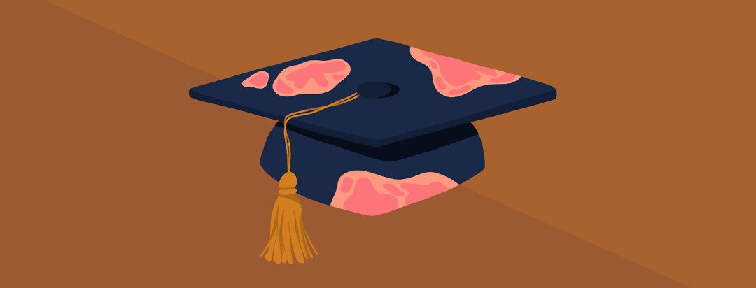 A graduation cap with rashy spots.