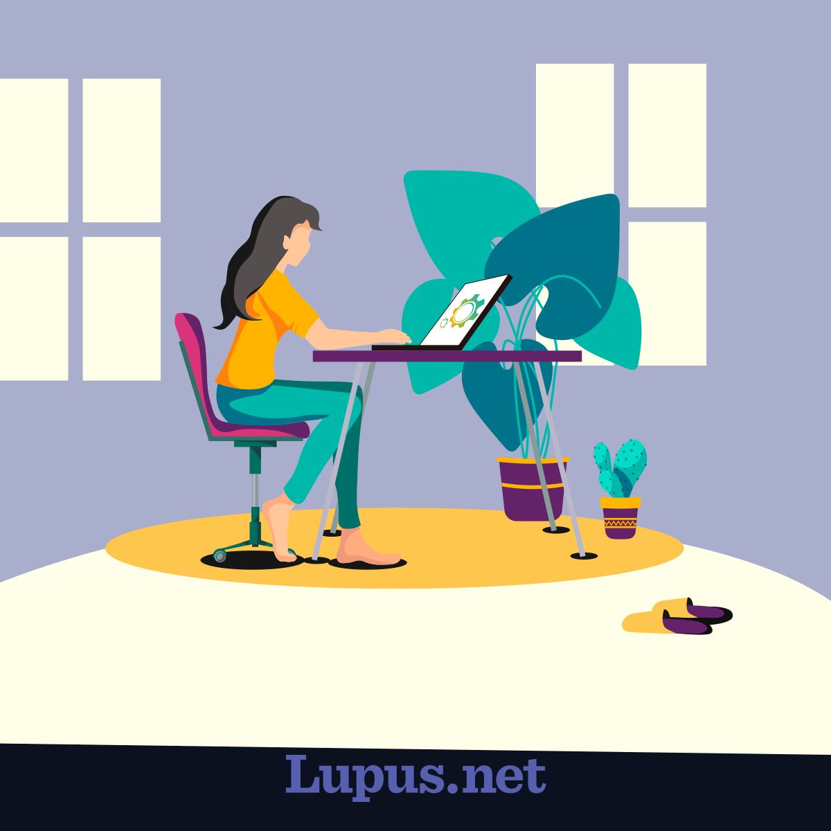 A young woman with lupus sits at a desk in her home, working on her laptop, with slippers nearby.