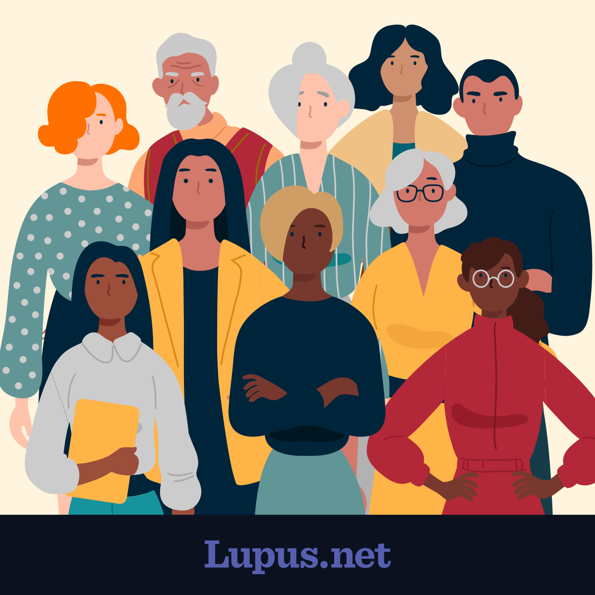 Illustration of men and women of various ages and races, to show the range of people affected by lupus.