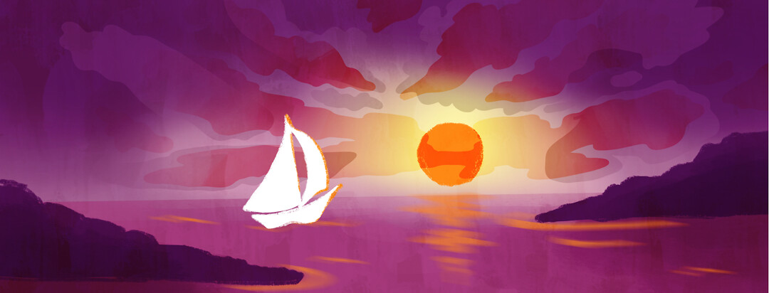 A sailboat heads towards a rising sun.