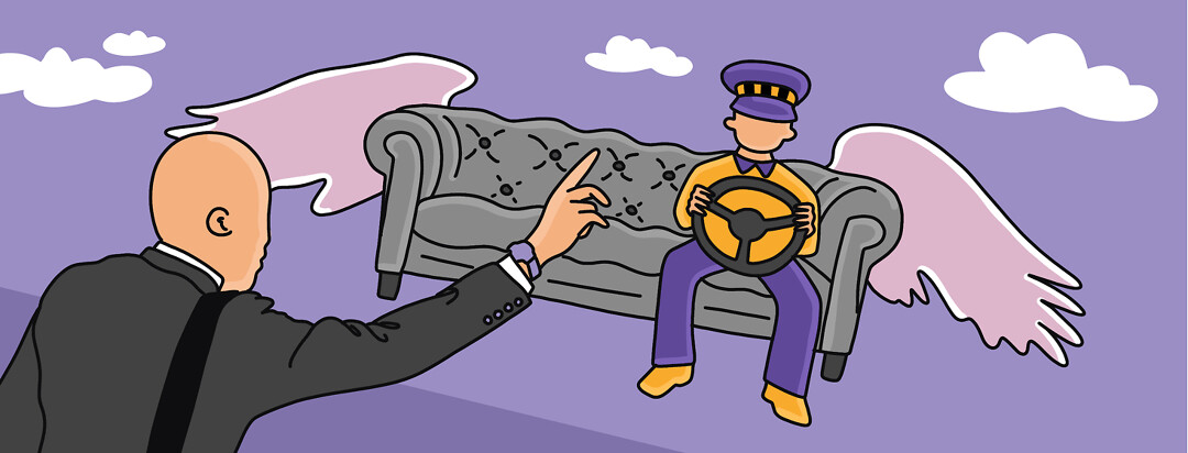 A taxi driver sitting on a flying couch steers the couch to a man hailing the cab from below.