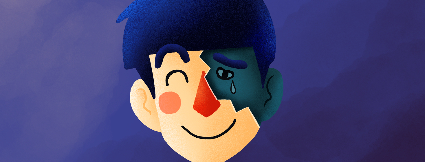 A person's happy exterior of their face reveals a sad, crying face underneath a broken piece.