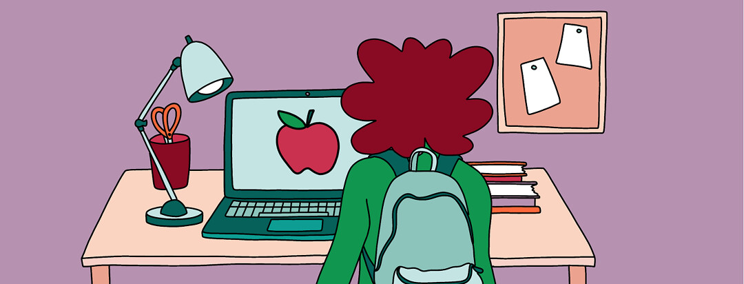 A person wearing a bookbag on their back stands in front of a laptop computer showing an image of a red apple.