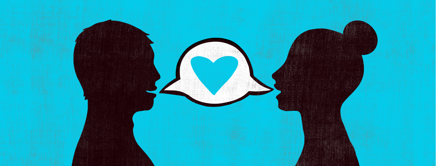 Two people are talking to each other with their dialogue bubble containing a blue heart.