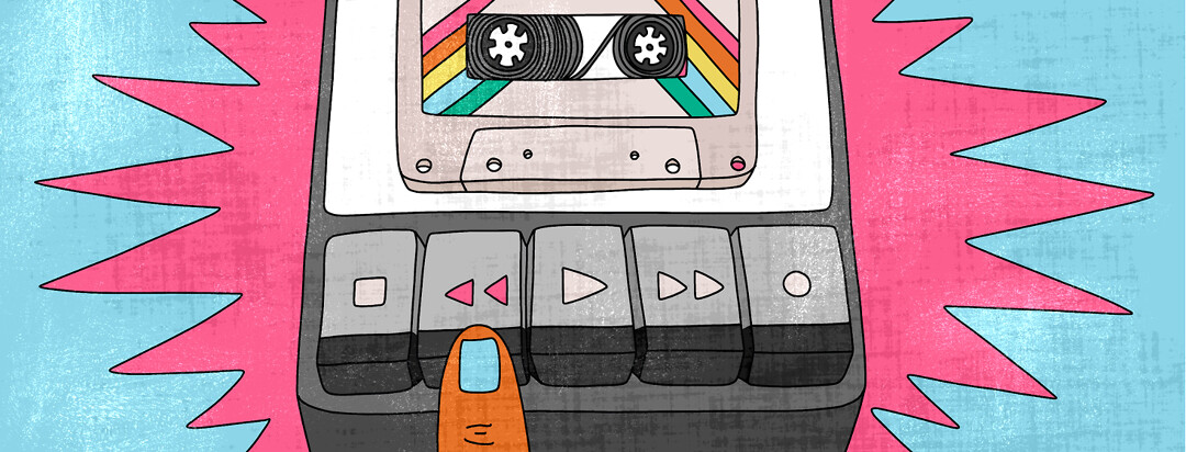 An old cassette tape player is shown with a finger pressing the rewind button.