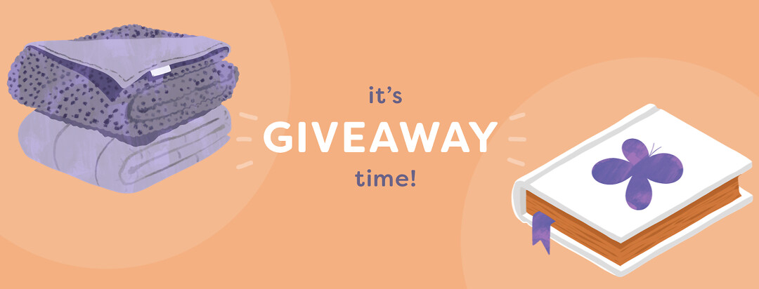 Image says "It's Giveaway Time!" with an illustration of a weighted blanket and a book with a butterfly on the cover.