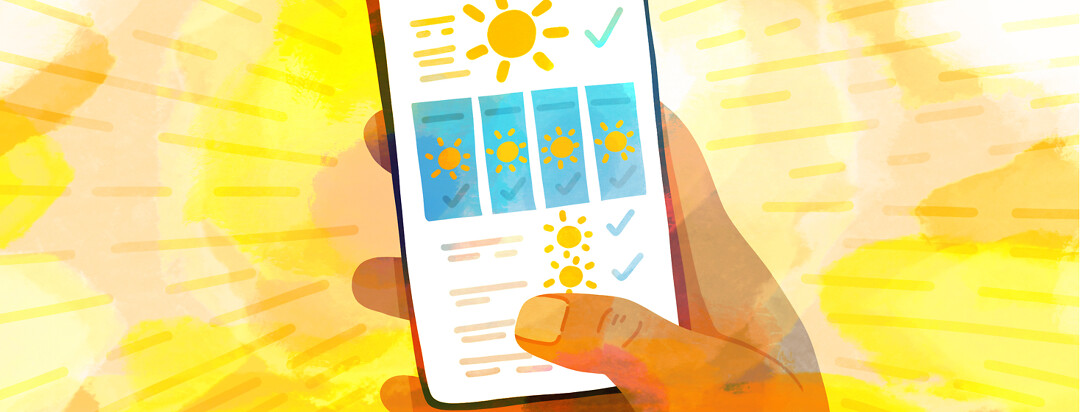 A hand holding a smartphone showing a weather forecast with bright shining suns every day.