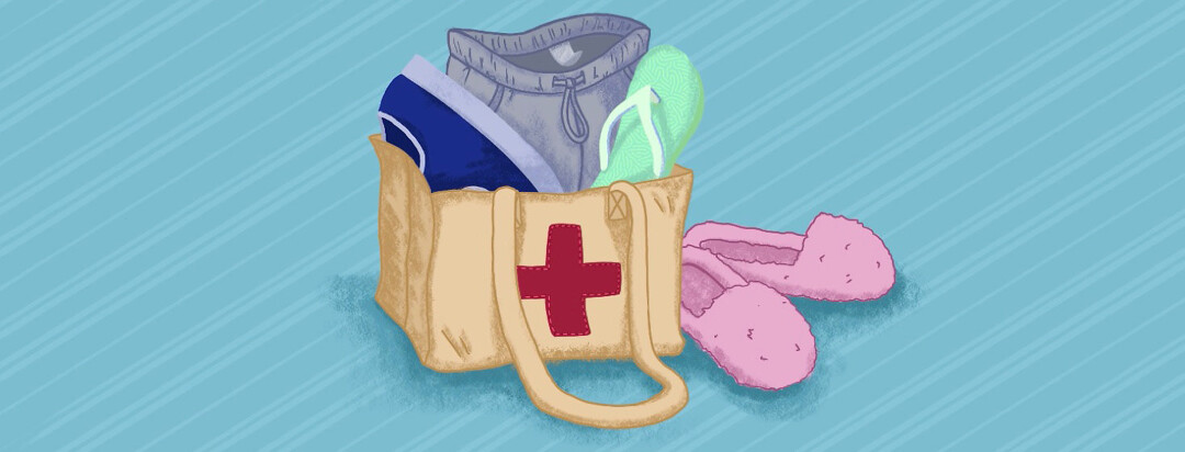 A canvas bag with a red cross patch filled with soft pants, underwear, and slip-on shoes.