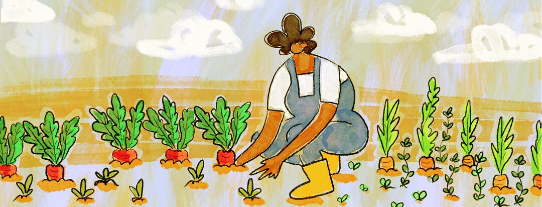 A woman plants radishes and carrots in a garden.