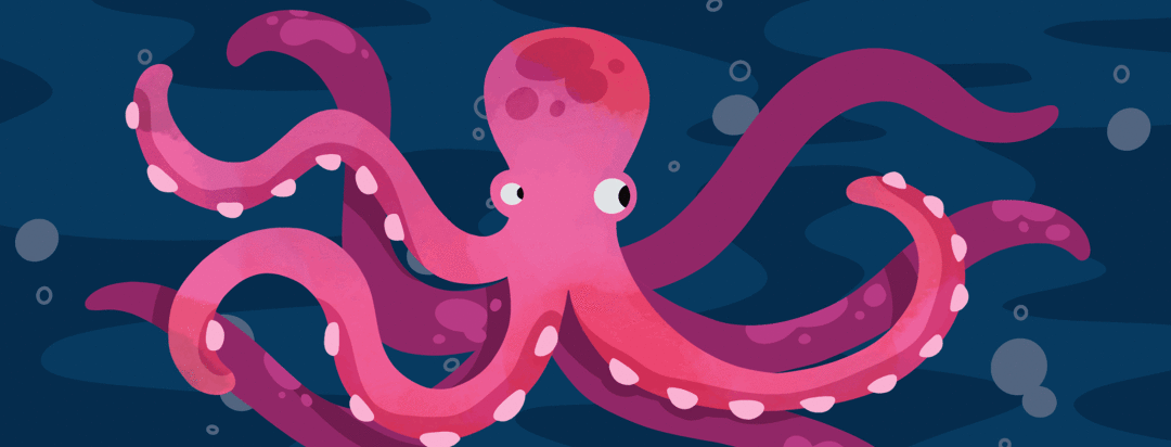 An octopus is stationary except for one of their eight tentacles that is erratically moving.