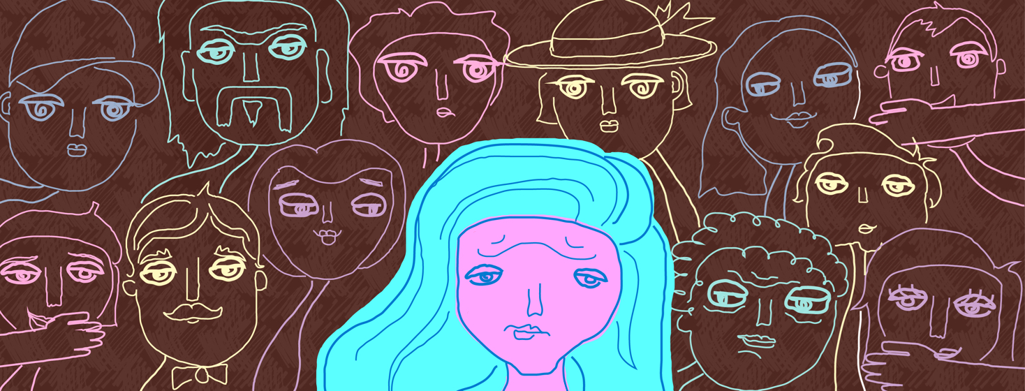 A woman looks shameful as many people in the background stare at her.