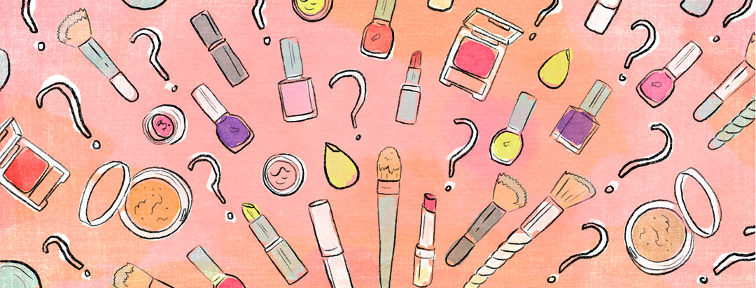 A wide array of makeup and cosmetics mixed with question marks.