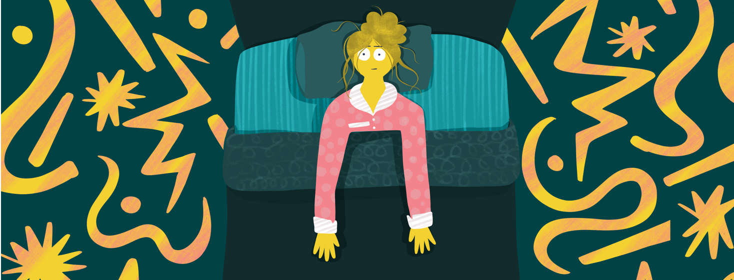 A woman lies wide awake in bed as abstract "loud" shapes bounce around her.