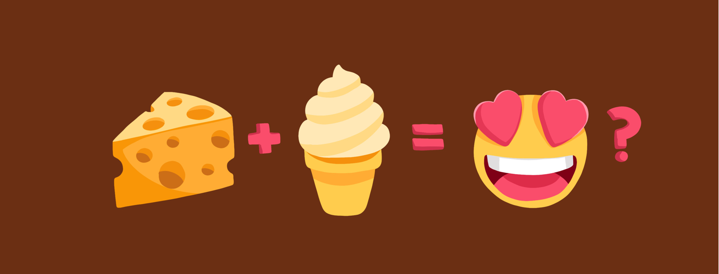 A cheese emoji, plus sign, ice cream emoji, equals heart eyes emoji with a question mark at the end.