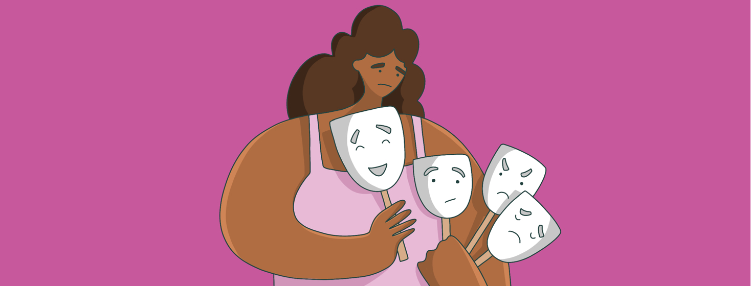 A woman holds a multiple masks showing different emotions, deciding which one to wear.