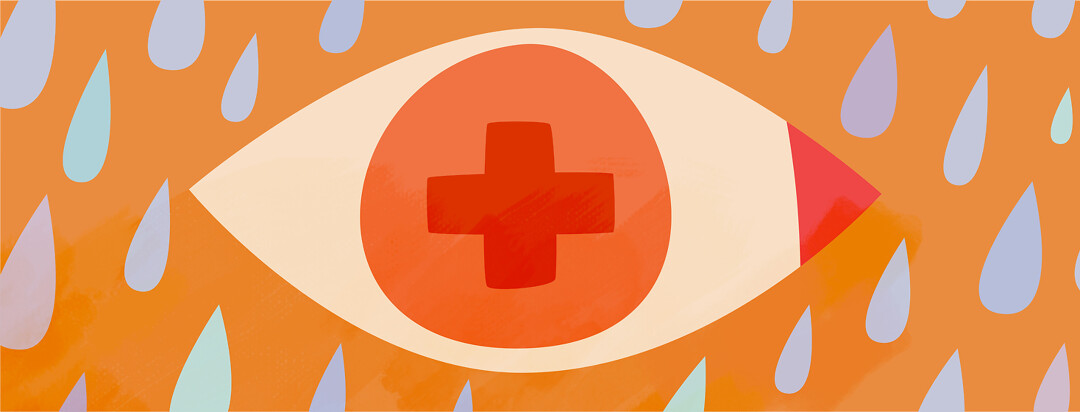 A red eyeball with a red cross at the center of it.