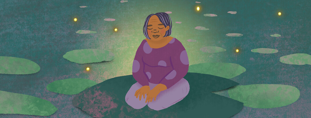Elder woman with closed eyes sits on lily pad with fireflies lightning bugs surrounding her.