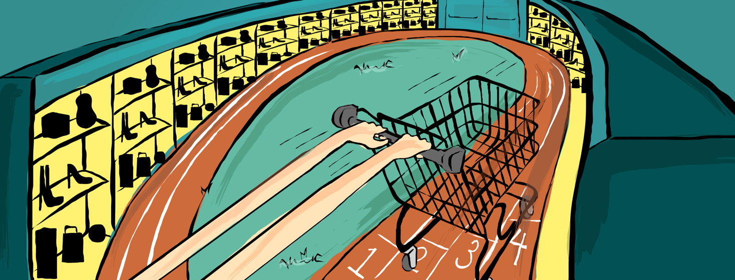 A person pushing a shopping cart is pictured on a runners track with items to buy surrounding it.