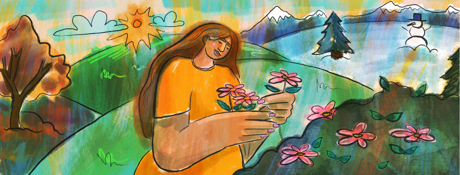 A woman picks a flower from a bush while the hills behind her show all four seasons.