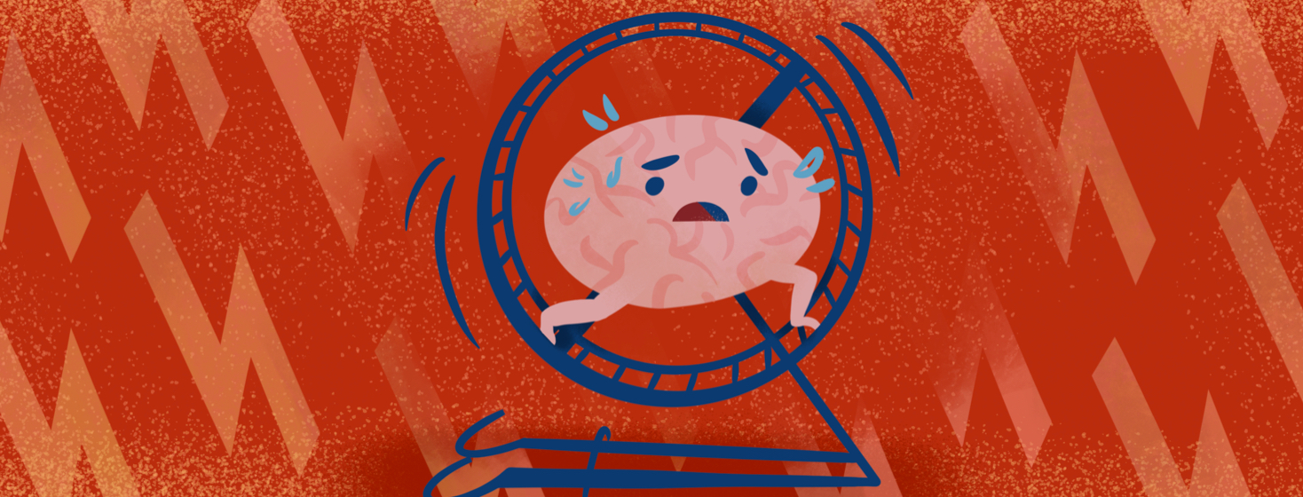 A brain sweats nervously as it runs on a hamster wheel as lightning bolts of stimuli surround it.
